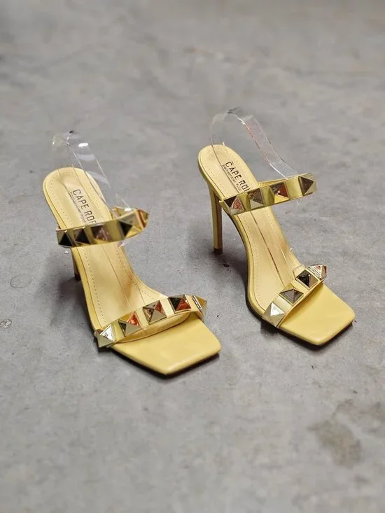 Yellow Studded High Heel Sandals With Straps & Square Toe Design For Women - Picture 3 of 15